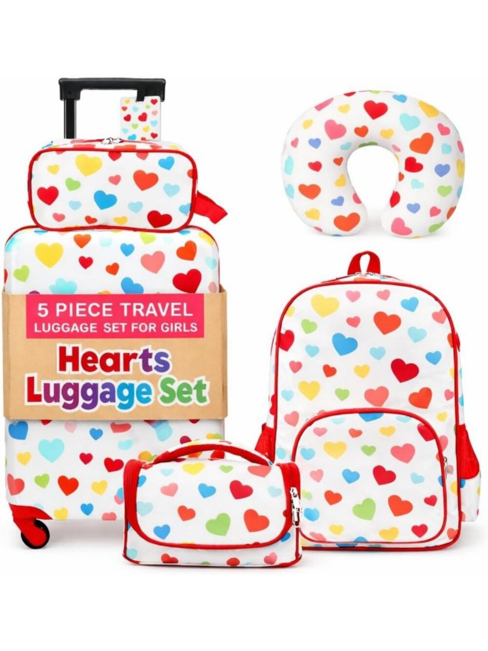 5-Piece Girls Heart Travel Luggage Set with Wheels - Cute & Stylish Kids